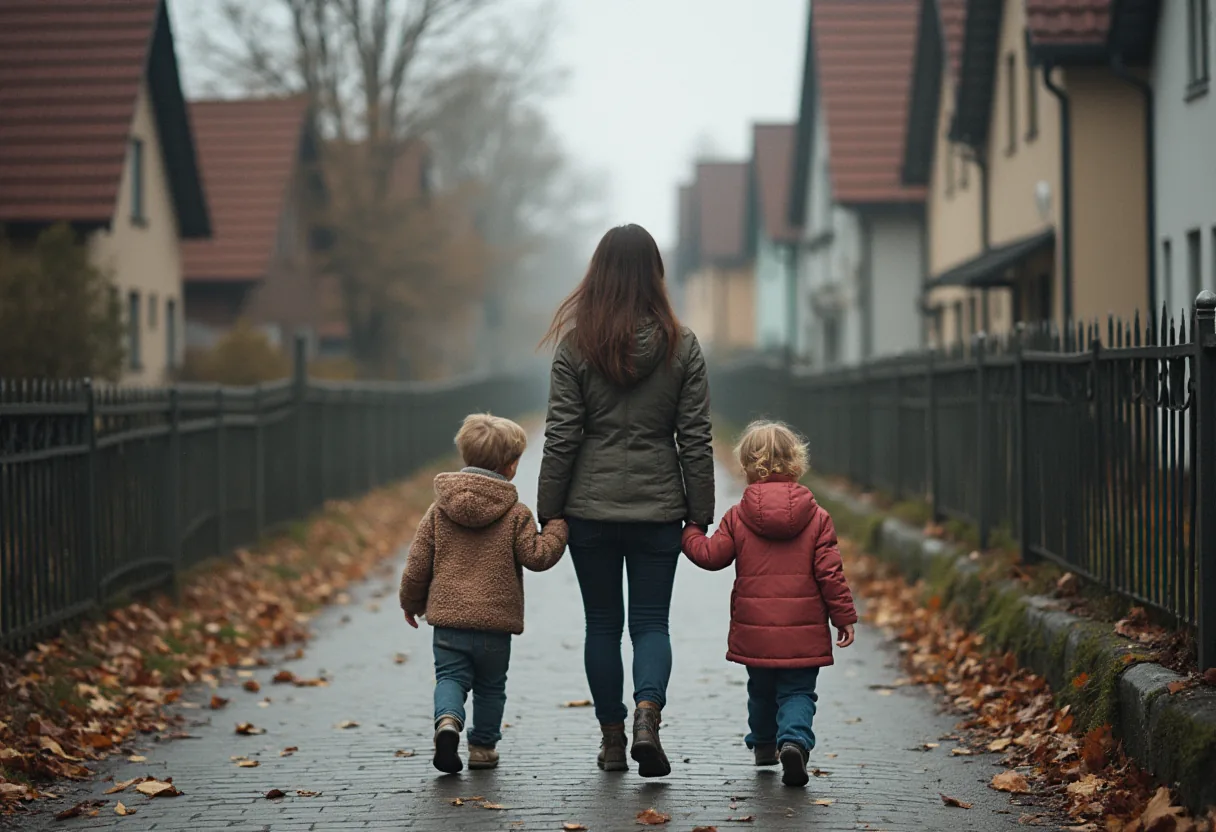Młoda mama z dwójką dzieci idzie ulicą małego miasteczka