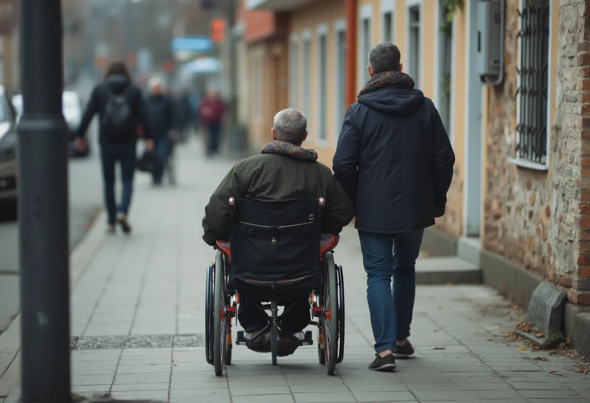 Uśmiechnięty mężczyzna na wózku na chodniku, obok osoba wspierająca
