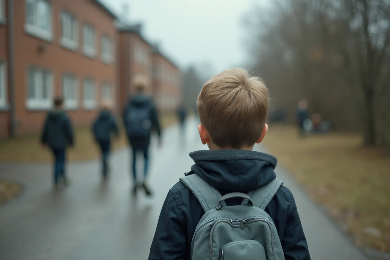 Uczeń z plecakiem idzie jesienią do szkoły