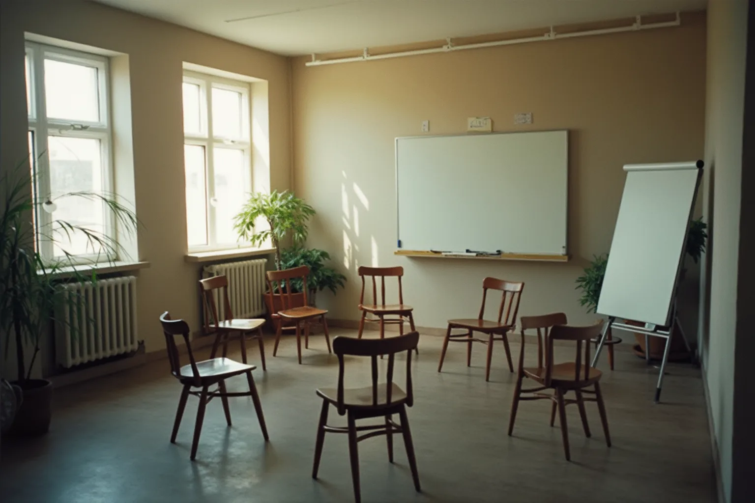 Jasna sala z krzesłami w kręgu przygotowana do warsztatów